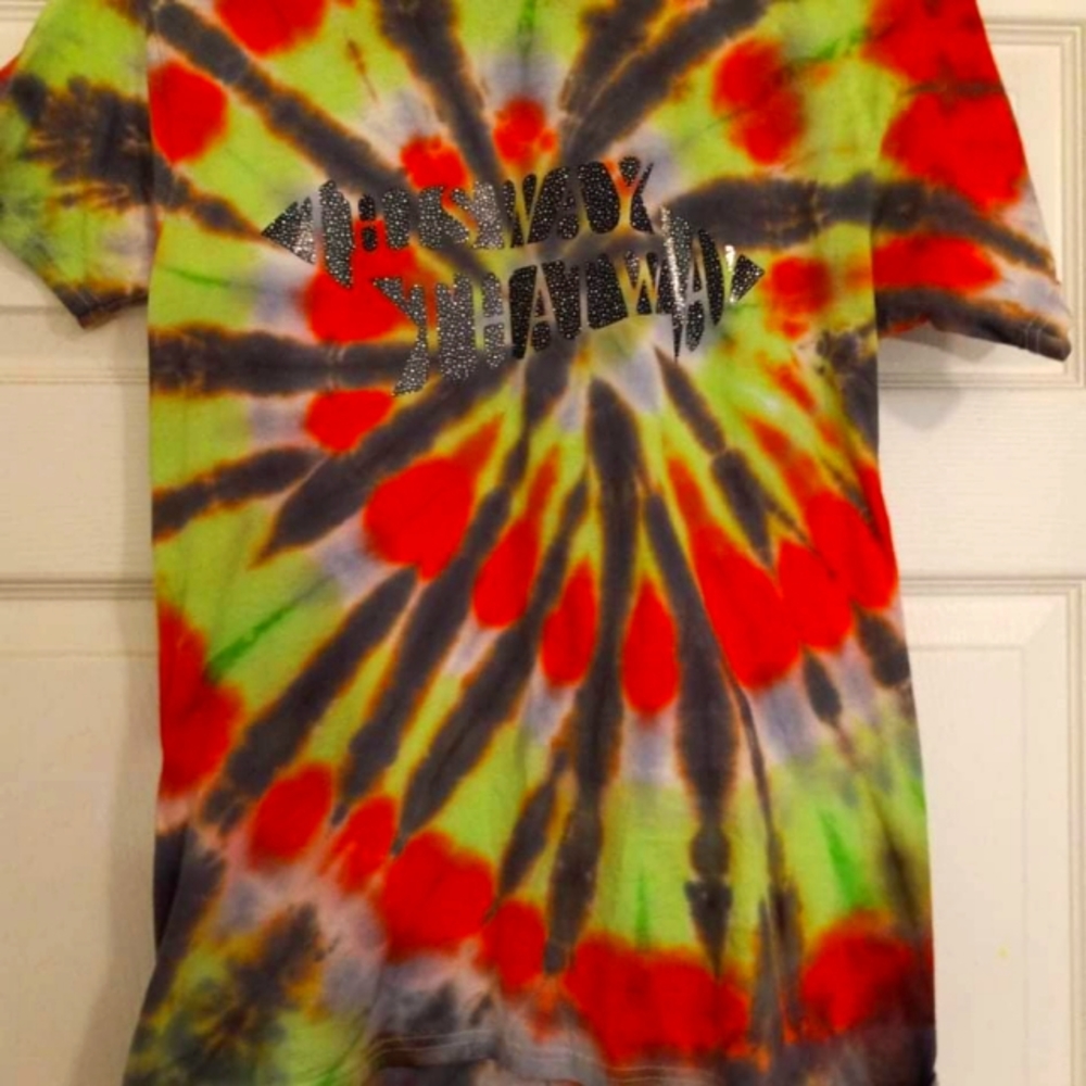 Tye dye shirts in various sizes and a couple w vinyl decals,Dharma dyes, HTVront